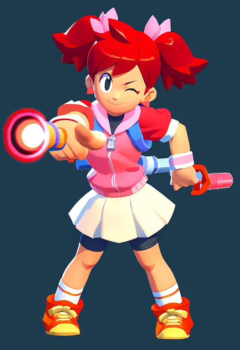 1girl Sayaka (サヤカ) (Yumi)  Ape Escape 3 (サルゲッチュ3) , red hair, twintails, black eyes, hair bow, pink hoodie, short sleeves, wristband, white skirt, bike shorts, socks, sneakers, outdoors, laser blade, tokyo city, standing, pointing at viewer, wink, masterpiece, smiling