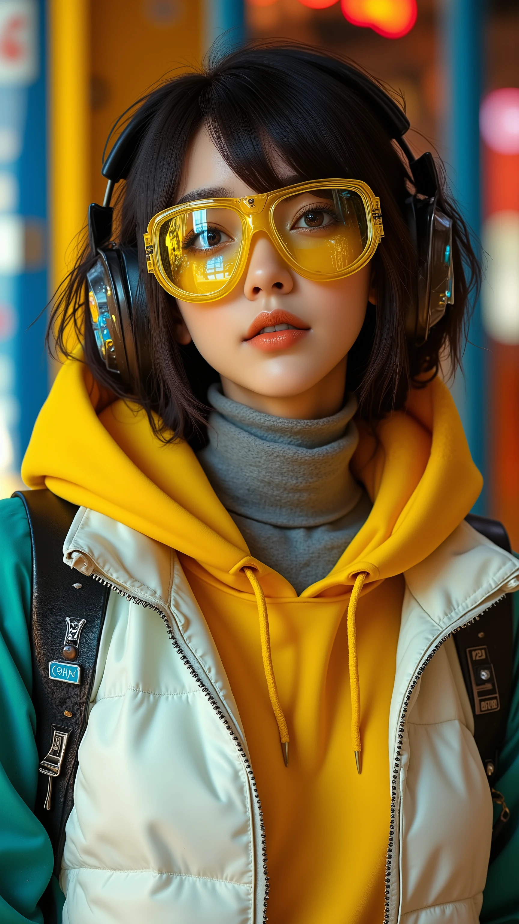 A stylish woman in her 20s. A vibrant and vibrant photo of street punk with a bold, futuristic aesthetic. Cyberpunk Street Warrior adds playful and rebellious energy with spikes and tubular black hair. It forms a dynamic focus by wearing oversized yellow goggles (transparent glasses:1) with an opaque surface that reflects ambient light.
Combined with stylish black over-ear headphones, these goggles combine a modern tech element with a retro cyber vibe. Stylish with orange lipstick. Orange and blue lollipops. For a playful and comfortable attitude.
Her outfit is a bright yellow hoodie with a white zip vest layered over a teal jacket, in sharp contrast to the grey turtleneck that wraps around her neck.