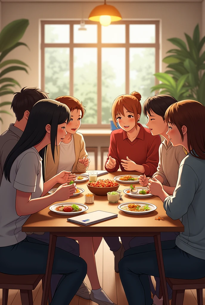 Create a lineart illustration Scene: Illustrate a more complete dinner scene, with the three friends at the table, laughing and enjoying each other's company. The food on the table may be simple, but the expression of happiness on the characters' faces should be the focus, showing the importance of friendship and a moment of relaxation.