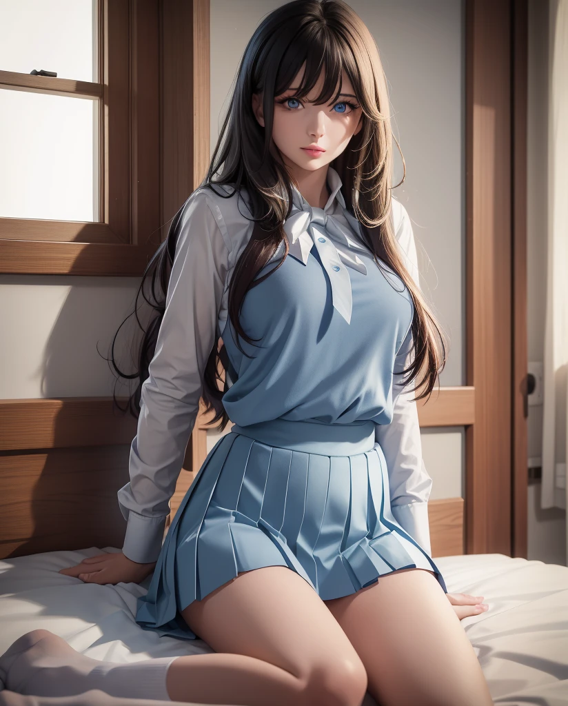  a beautiful girl ,   Blue eyes  ,    bright eyes  ,  ,closed lips    ,   long hair,   High resolution, breasts, camisa blanca, pleated skirt, blue bowtie ,    school uniform , sexy legs  , socks, Alone,  wavy hair, sensual body, desde atrás 