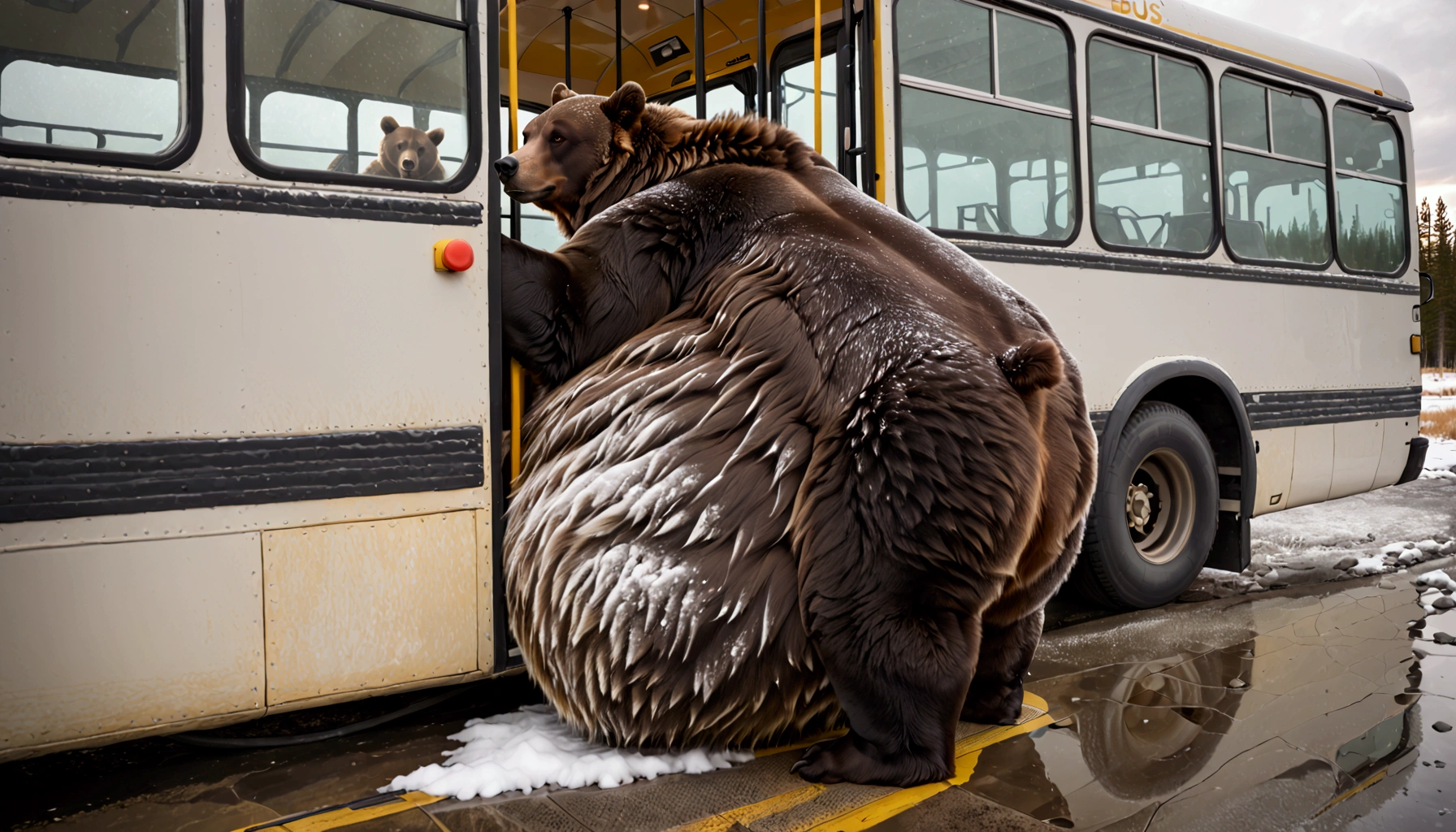 A massive grizzly bear with an unbelievably extremely massive belly, so heavy it drags along the ground, struggles to fit through the narrow doorway of a bus. Its belly presses tightly against the edges of the frame, bulging slightly as it slowly pushes forward, causing the bus to creak under the strain. The bear's fur brushes against the door as it inches through, its sheer size making the task difficult but not impossible, creating a tense yet humorous moment.