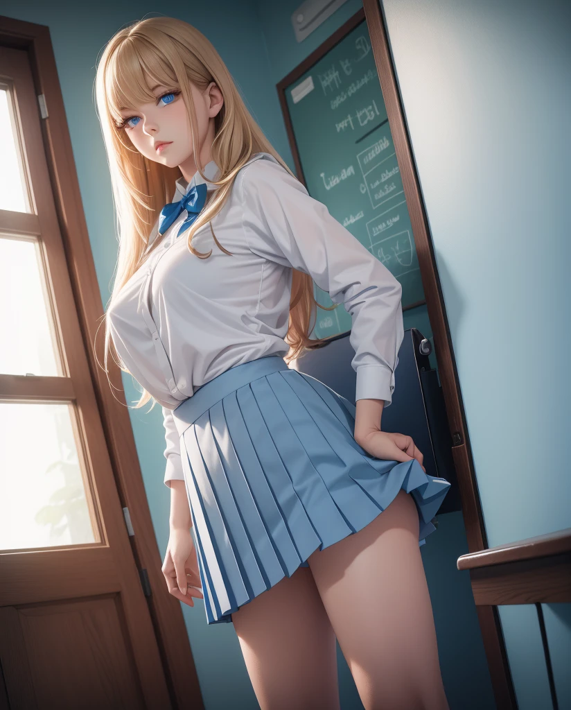  a beautiful girl ,   Blue eyes  ,    bright eyes  ,  ,closed lips    ,   long hair,   High resolution, breasts, camisa blanca, pleated skirt, blue bowtie ,    school uniform , sexy legs  , socks, Alone, blonde hair, sensual body, 