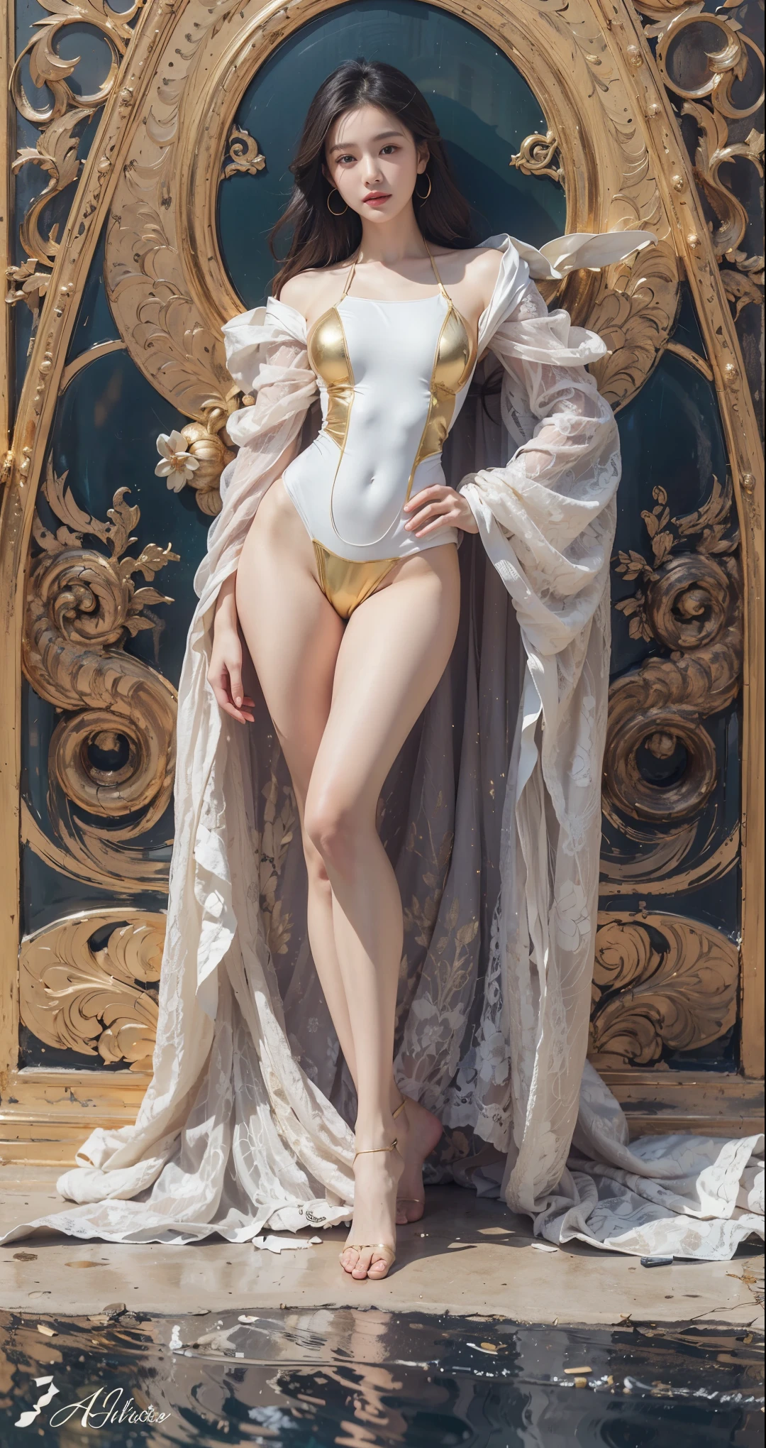 ((最high quality, 8K, masterpiece: 1.3, Ultra HD, high quality, 最high quality, High resolution, realism)) 、22 year old beautiful white woman、Hair color blonde、blue eyeedium hair、straight hair、smile、Slender but well-proportioned muscular body、Athlete-like body type、I don't want my head to disappear from the screen.、Wearing accessories on your wrist、put anklet on ankle、Wearing red nail polish、I have a peticure、is a goddess、It's unparalleled、Art Nouveau landscape on a black background、bewitching look、Erotic Tech((erotic))Costumes
