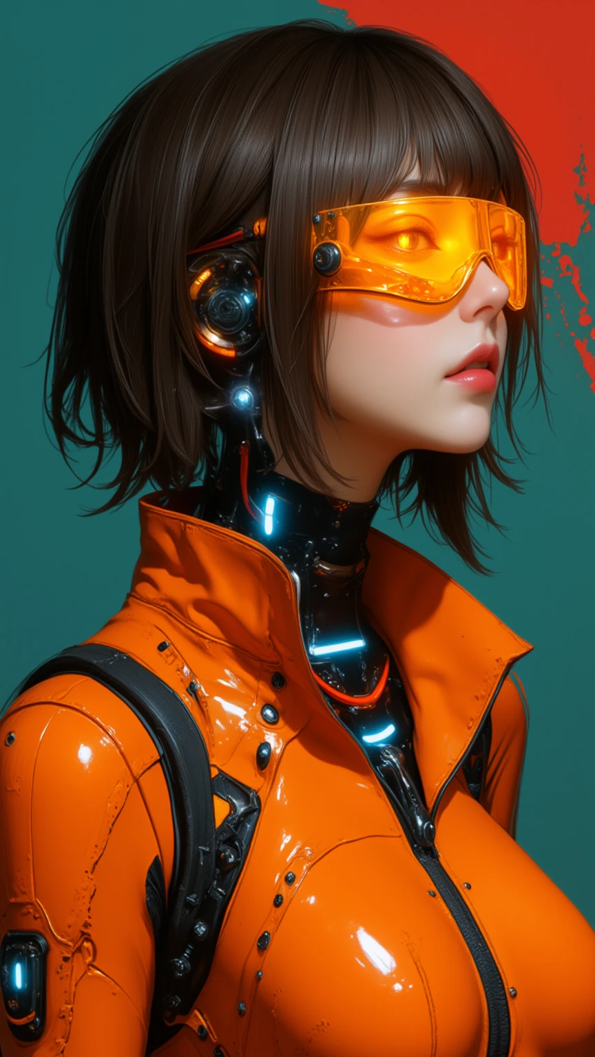 This is a very detailed portrait of a cyborg, a futuristic woman with a sophisticated and edgy appearance. Her dark, matte hair returns to a casual yet functional style, and loose strands wrap around her face. She is wearing a glowing orange visor that contrasts with pale skin, and her lips are slightly cracked and she has a sharp, confident expression. It adds a wild and harsh atmosphere. Wires, metal panels, and bright blue lights that show the right side of the head and neck reveal complex cybernetic components. Her mechanical modifications are seamlessly integrated into natural features, highlighting the duality of human beauty and machinery. The bold orange outfit creates a unified and impressive visual aesthetic by matching people with the visor's empty expressions and mechanical accents. The background is a calm teal with a subtle red splash, which maintains a futuristic and urban atmosphere while focusing on dynamic design. The composition depicts a powerful character in the world inspired by cyberpunk