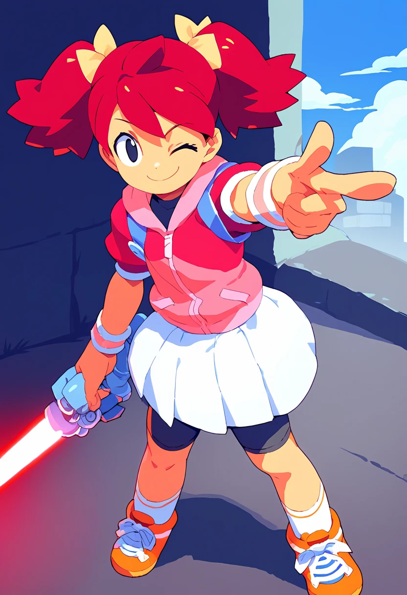 1girl Sayaka (サヤカ) (Yumi)  Ape Escape 3 (サルゲッチュ3) , red hair, twintails, black eyes, hair bow, pink hoodie, short sleeves, wristband, white skirt, bike shorts, socks, sneakers, outdoors, laser blade, tokyo city, standing, pointing at viewer, wink, masterpiece, smiling