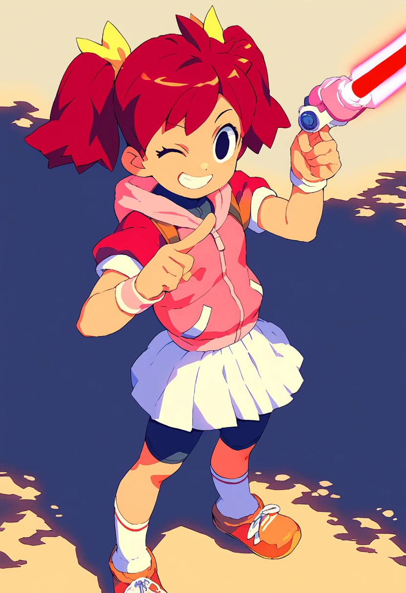 1girl Sayaka (サヤカ) (Yumi)  Ape Escape 3 (サルゲッチュ3) , red hair, twintails, black eyes, hair bow, pink hoodie, short sleeves, wristband, white skirt, bike shorts, socks, sneakers, outdoors, laser blade, tokyo city, standing, pointing at viewer, wink, masterpiece, smiling