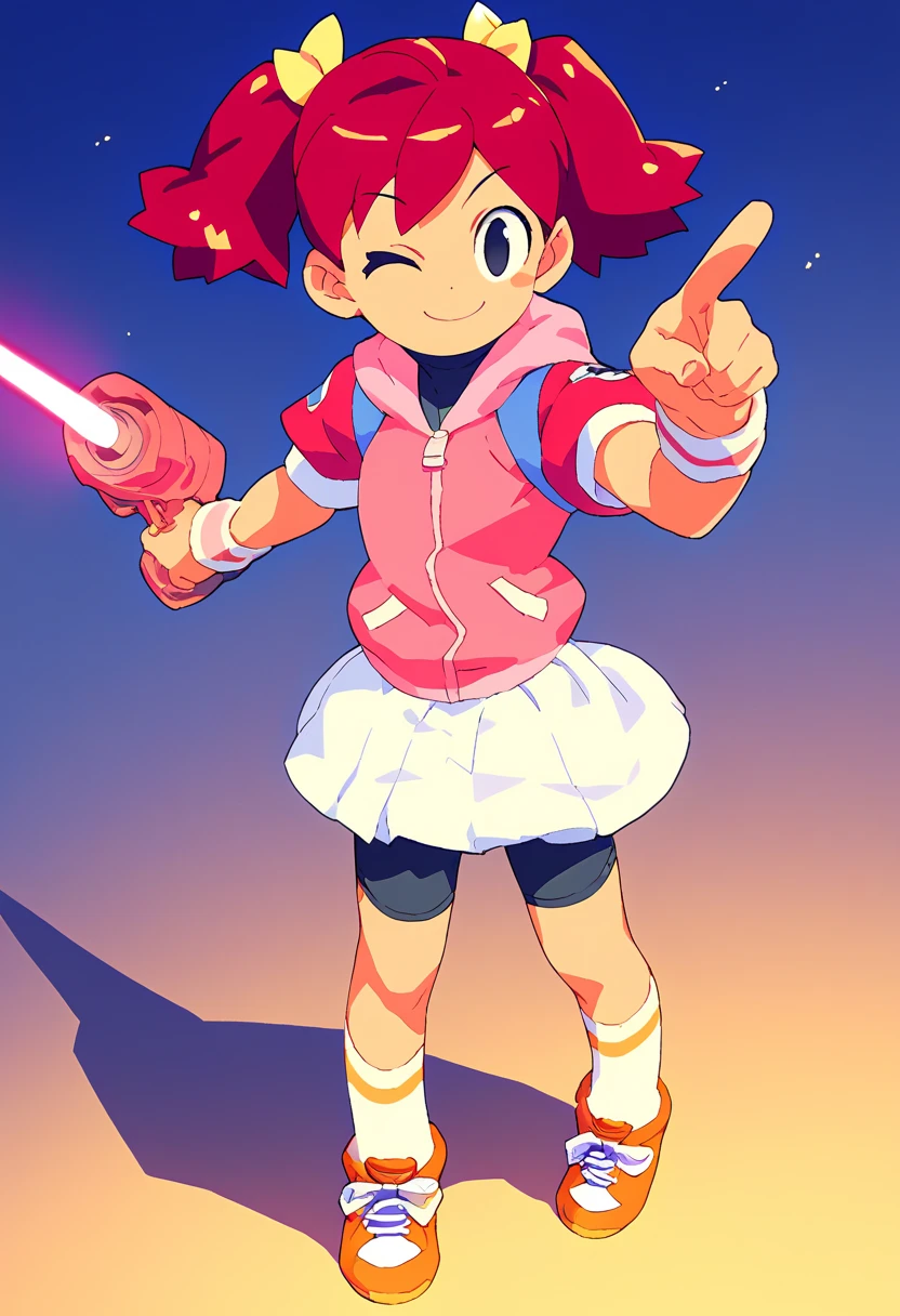 1girl Sayaka (サヤカ) (Yumi)  Ape Escape 3 (サルゲッチュ3) , red hair, twintails, black eyes, hair bow, pink hoodie, short sleeves, wristband, white skirt, bike shorts, socks, sneakers, outdoors, laser blade, tokyo city, standing, pointing at viewer, wink, masterpiece, smiling