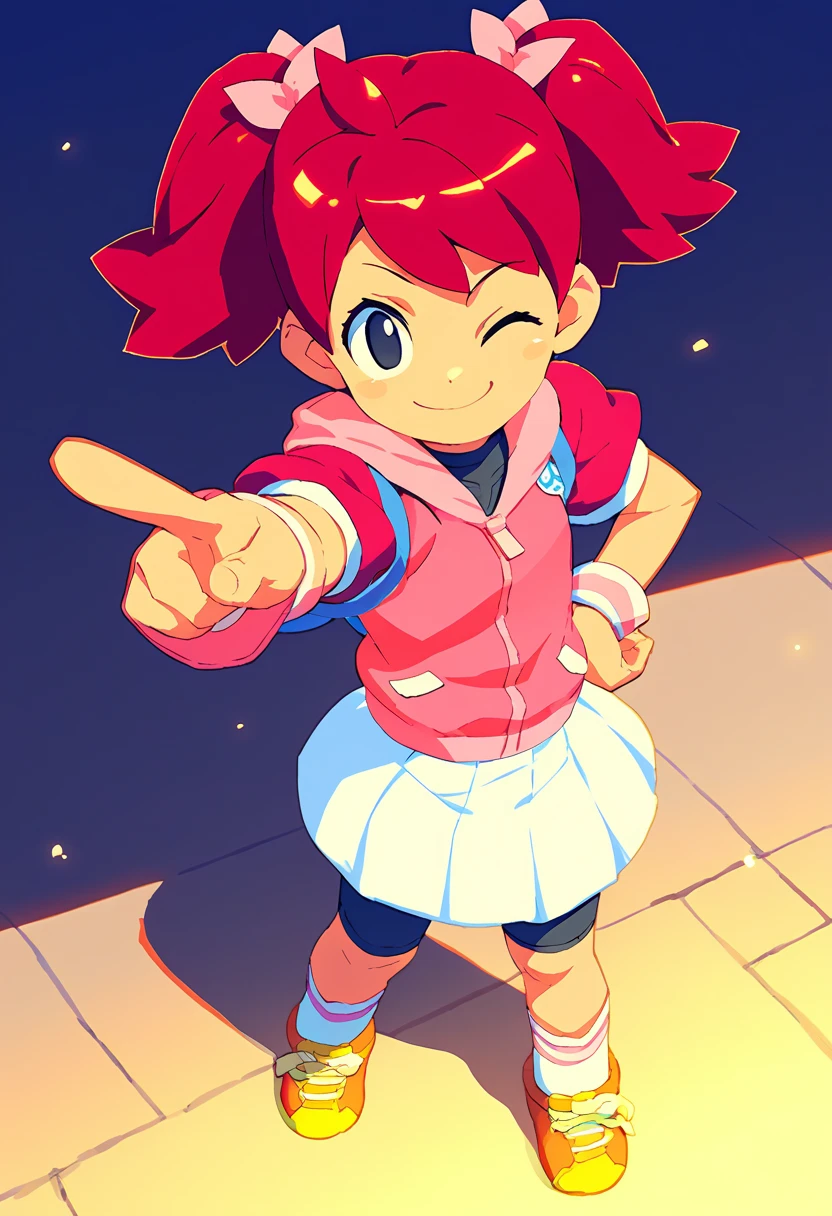 1girl Sayaka (サヤカ) (Yumi)  Ape Escape 3 (サルゲッチュ3) , red hair, twintails, black eyes, hair bow, pink hoodie, short sleeves, wristband, white skirt, bike shorts, socks, sneakers, outdoors, laser blade, tokyo city, standing, pointing at viewer, wink, masterpiece, smiling