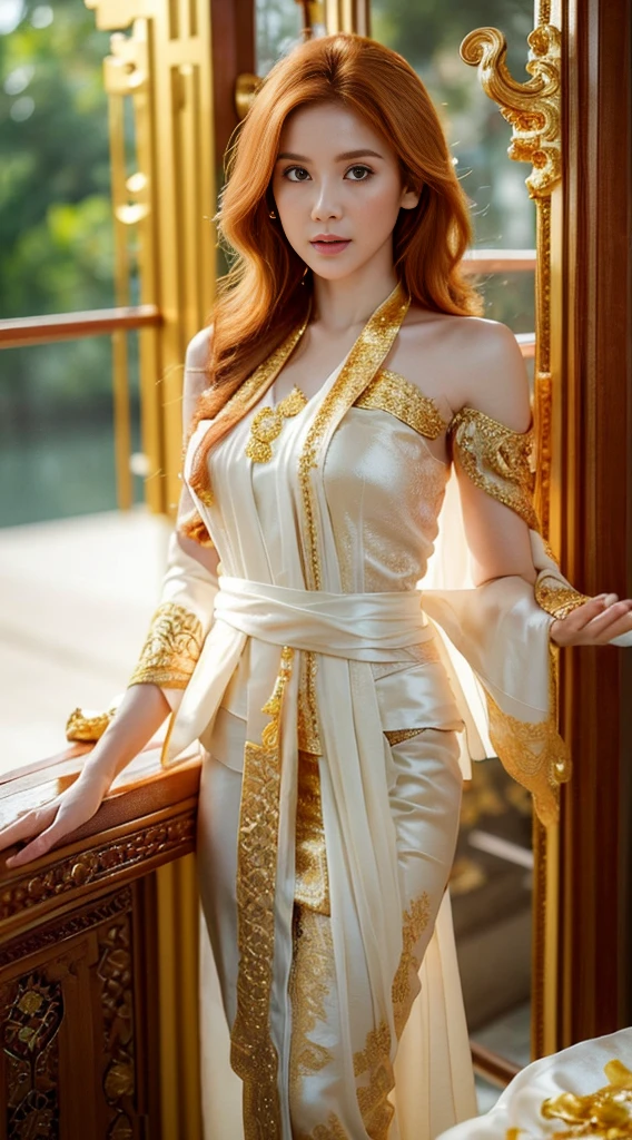 Photorealistic Production, (One Person), (Realistic Image of a 2 British Female Model), (Shoulder-level Wavy Ginger Hair:1.6), (Athletic Body Builds:1.4), (Pale Skin:1.4), (Wearing a White Ornated Kebaya Dress with Silk Cloth and Golden Jeweleries:1.6), (Serious Face), (Deep Cleavage), (Elegant Pose:1.6), Centered, (Waist-up Shot:1.4), From Front Shot, Insane Details, Intricate Face Detail, Intricate Hand Details, Cinematic Shot and Lighting, Realistic Colors, Masterpiece, Sharp Focus, Ultra Detailed, Taken with DSLR camera, Realistic Photography, Depth of Field, Incredibly Realistic Environment and Scene, Master Composition and Cinematography