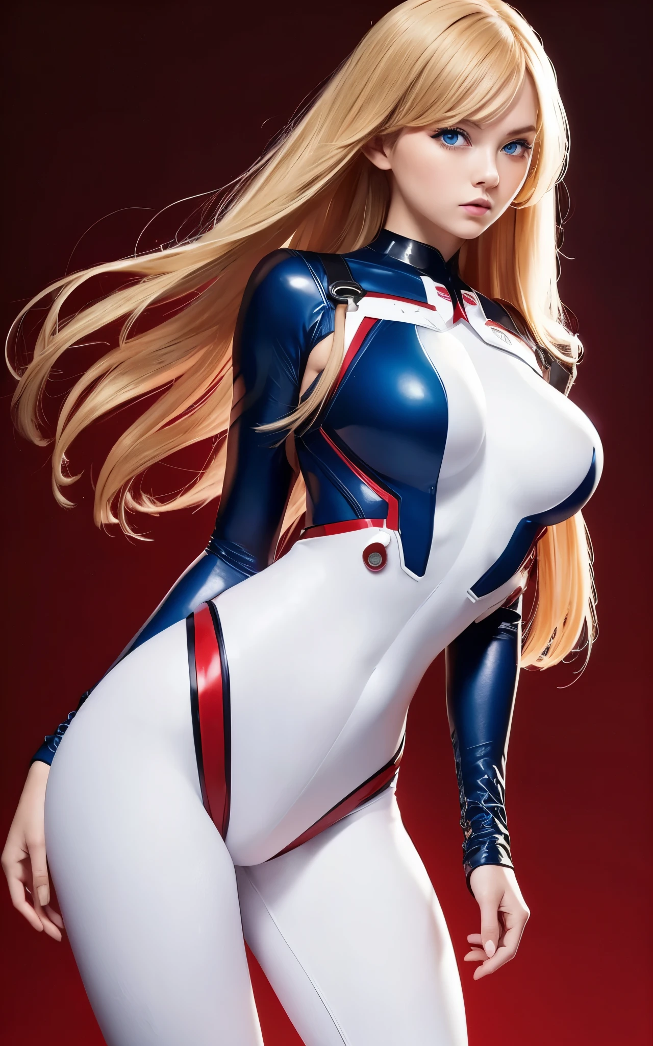 girl, 20s, red_bodysuit, mecha, blonde, blue eyes, smooth bodysuit, large breasts, stunning proportions, highleg design