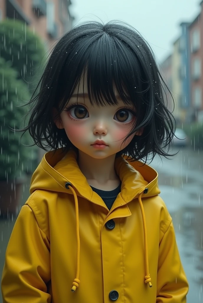 (Masterpiece),(Top Quality),(Super Detail),(Telegraph:1.2), ???, Cute, Sad, 1 6-year-old girl, modern Korean, Black hair, On a rainy day, the sunlight is dim and the raindrops are sad. winding mountain roads,
