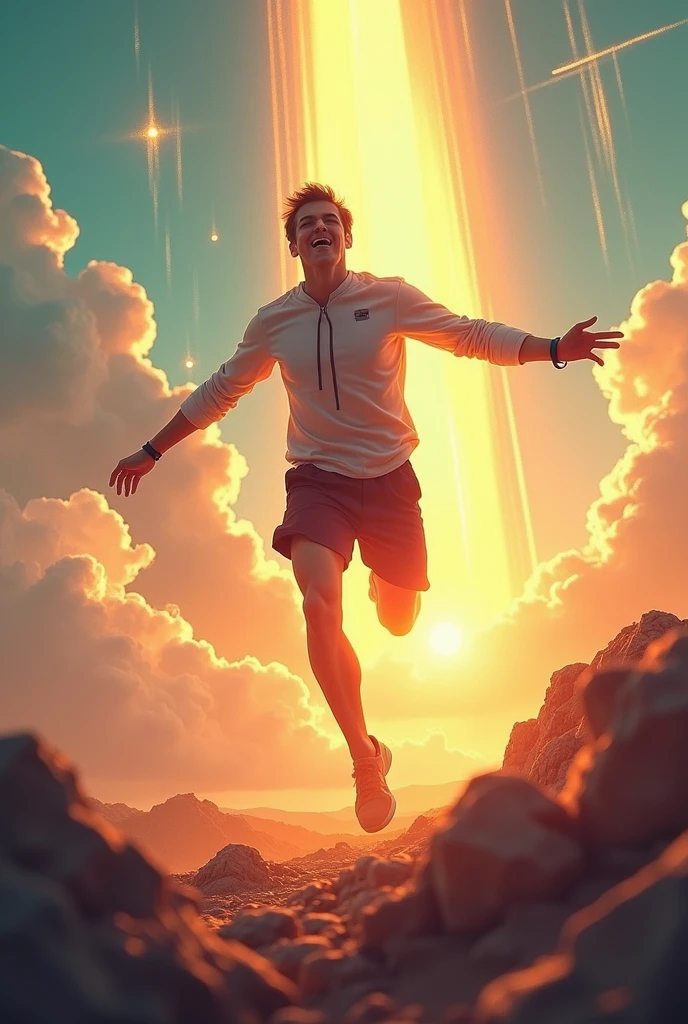 Background: A clean, gradient background with vibrant colors like blue and orange, giving a sense of energy and enthusiasm.Main Image: A silhouette of a person running or jumping towards a bright, glowing star or an upward path. The person should be dynamic and in motion to convey the idea of pursuing dreams.Text:Placement: Center or slightly below the center.Font: Bold and modern, such as Montserrat or Bebas Neue.Color: White or a light color with a subtle dark shadow or outline for contrast against the background.Text: "अपने सपनो का पीछा करो