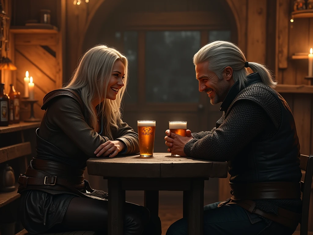 a portrait of a Ciri and Geralt, sitting behind a table, in a old tavern, candles, cup of beer on a table, at night, looking at viewer, (white shirt:1.2), (foggy background, epic realistic, rutkowski, hdr, intricate details, hyperdetailed, cinematic, rim light, muted colors:1.2)