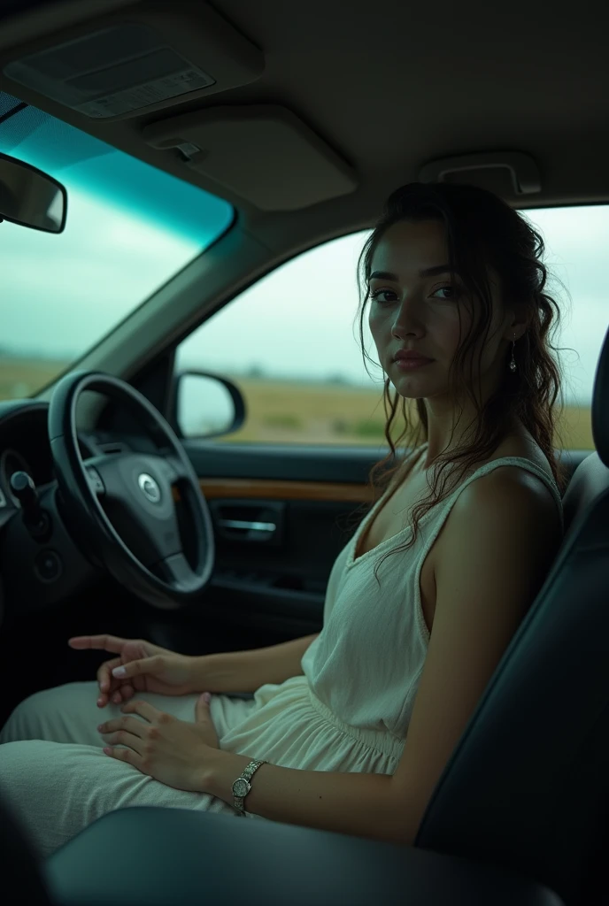 Lucie in the car on the passenger beach profile view