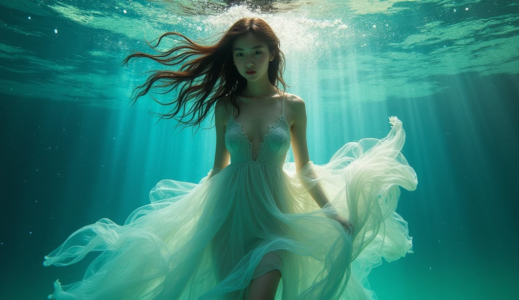 Masterpiece, a woman, under the sea, breathing air, dressed in a watery veil, oceanic background, godly eminence