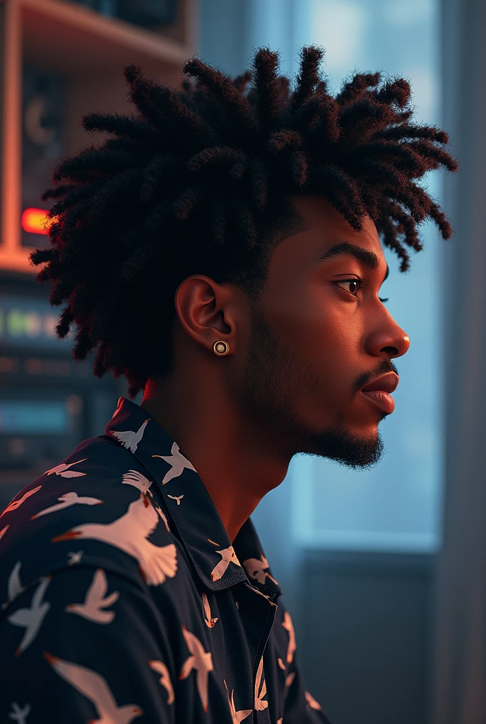 The 26-year-old black man is a talented YouTuber who is always looking to enhance his content and create even better videos for his channel. His face is full of personality and expressiveness, with well-defined features and a short, well-made beard that complements his modern and cool look.

His light brown eyes are piercing and convey mystery and suspense, essential characteristics for the themes he tackles on his channel. He's sitting at his desk, with a high-quality microphone in front of him, ready to record yet another video about scary and intriguing stories.

As he works, he takes small sips from his cup of coffee, which is of better quality, keeping himself alert and focused on its contents. The illustration of his video is impeccable, with vivid and vibrant colors that help create an atmosphere of terror and suspense.

The shadows on your face and in your work environment are perfectly balanced, creating a tense and mysterious atmosphere that is characteristic of its content. He is a dedicated and talented YouTuber who strives to create quality content that keeps his audience always entertained and eager for new videos