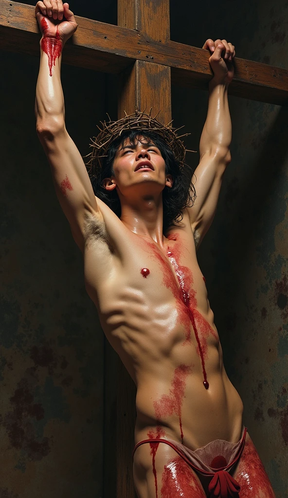 Human chained in a cross, but only in torso and the hands and behing the cross; front view, face full of rage and looking to us with bright eyes; beautiful man; caravaggio oil painting; realism; mid lenght hair; background with a lot of detail; inferior half body destroyed with legs destroyed; and blood; show hands becomings into fangs, and arms downs; the cross in stone with some ornament