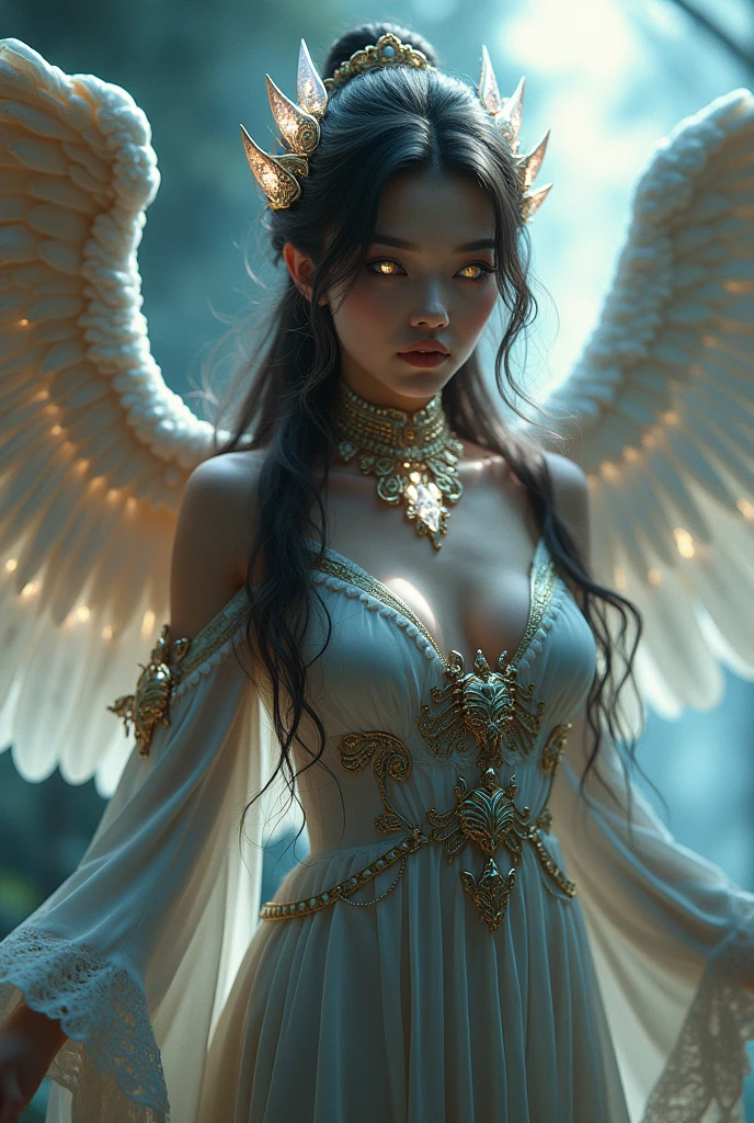 beautiful girl, with beige chiffon dress, with wings, black hair with crown, beautiful angel wings, extremely detailed