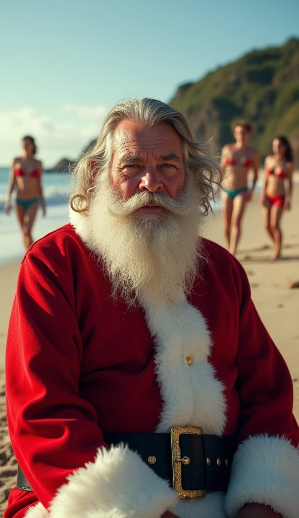(Sunny, Beach vacation),((Santa clause (fat guy:1,5) sunbathe and enjoy the waves on a beach holiday)),[in shades, enjoying a cold drink], (white fluffy beard and rosy cheeks), (red swimming trunks and straw hat),(Sitting on a sun lounger),relaxation on the sandy beach, against the background(turquoise sea and palm trees),(clear blue sky),(with seagulls, Overhead Flight),(warm golden sand),children playing in the water,(Building sand castles),Boot tracks in the sand, soft ocean breeze and sound of the surf,[raspberry umbrella, shadow-giving],[beach towels and sunscreen bottles strewn everywhere][Best Quality, bright colours](,sun-drenched, Vibrant blues and greens),[daytime lighting, joying](,warm, Natural sunlight)