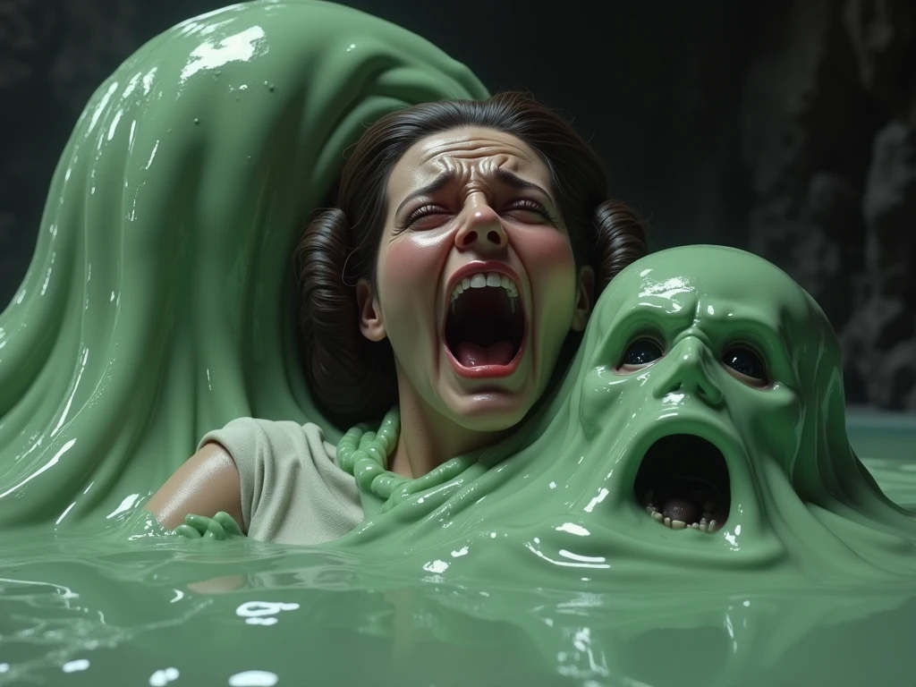 Jayne Mansfield, age 25, dressed in a bath towel, is fleeing from her bathroom which is filling with translucent slime, movie monster C'Thulu and other eldritch tentacled beasts, flesh hungry monsters, damsel in distress