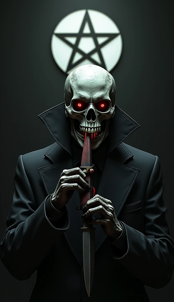 A dark god in a red suit, he has a left skeletal arm, his eyes black and dark, his tie black as night, his head white skull