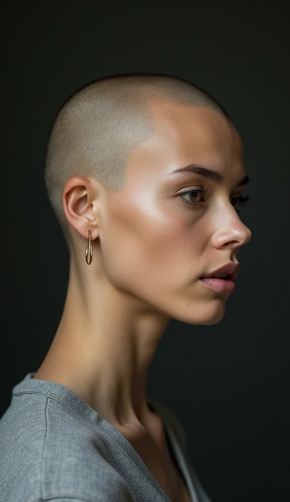 ((Hairstyle is shaved head, skinhead)), (Japan female), age 40, 8K, photorealistic, photorealism, portrait, 85mm lens, depth of field, skin luster is delicate, eyes are brown, eyes are raised, slightly off, lips are plump, chubby, (Yuko Oshima), white corset, connected by a chain from the earlobe to the nose, Large dog wearing a collar, professional-level lighting, (profile)