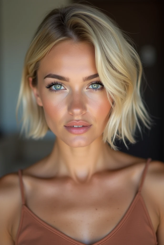 1woman, (realist:1), Perfect beautiful face, Whole body, sexy position, nude, lewd expression,reddened complexion, beautiful and fair、piel bright, 3 up, Beautiful, bright, Refreshing and soft appearance., short blond hair,Hermoso flequillo bright, very beautiful 24 year old girl, so perfect and beautiful、big, Clear, sky blue eyes,pechos muy bigs, happy,