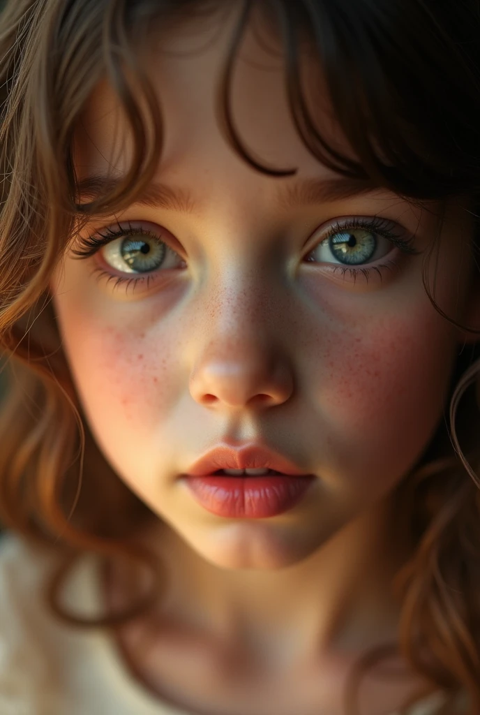 blue eyed brunette child with wavy hair