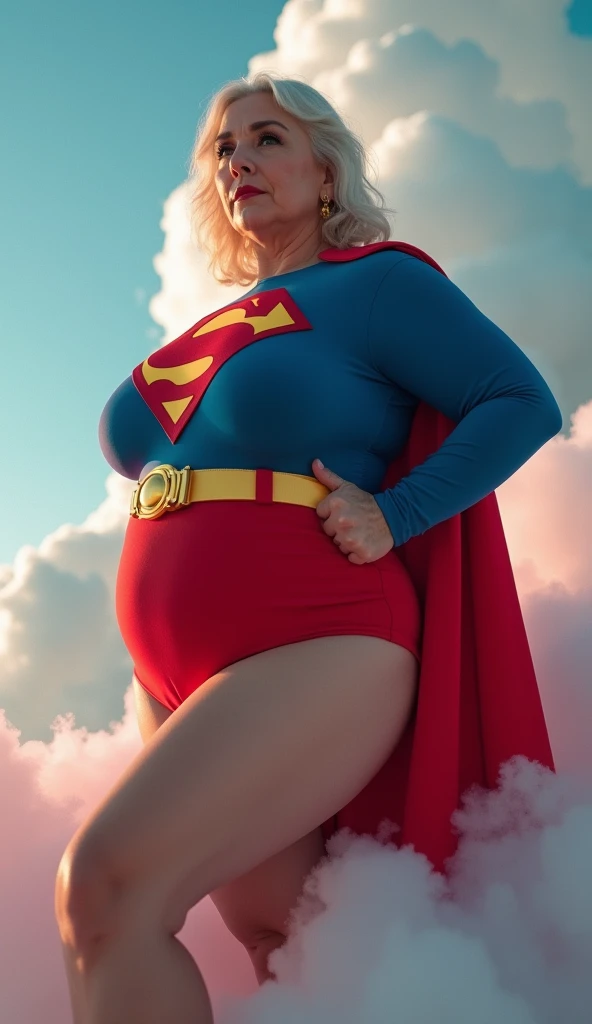pregnant woman, plump body, very big breasts:1.5, (masterpiece:1.4), (highest quality), (become familiar with), (8k), 45 year old female:1.5, (1 girl, alone, landscape), (Ocean:1.7), clara kent, superhero, body suit, platinum blonde, short hair, red cloak, blue eyes, wide hips, bending, Bright blue costume. plump body, very big breasts:1.5, pregnant woman,
