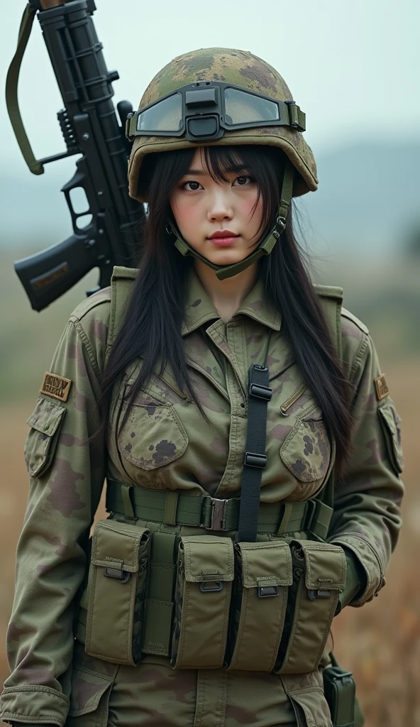 写真のようにリアル, 超リアル, (超美しい顔, 有名な韓国のアイドル:1.3), (全武装，戦闘準備完了:1.5), 背中に大きなアサルト ...