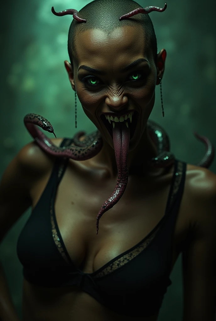UHD, 4k, ultra detailed, cinematic, a photograph of  <lora:Demon Girl v1:0.9>
Demon Girl a woman with a snake around her neck, devil, Demon Girl style, 1girl, solo, looking at viewer, open mouth, black hair, monochrome, earrings, teeth, lips, makeup, lipstick, portrait, realistic, sepia, realistic, sharp, detailed, classic, 1990's, horror, photography, artistic, perfect teeth, crazy, brown eyes, fangs, curly hair, tattoo, red lips, closeup, demonic face, staring creepy eyes, epic, beautiful lighting, inpsiring