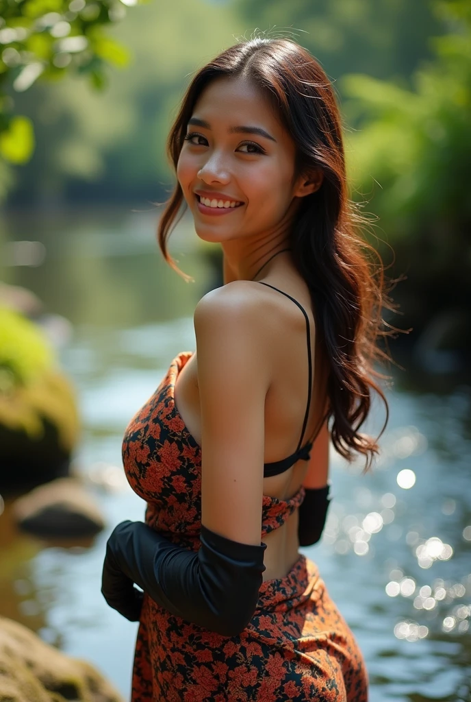 1girl, solo ,masterpiece, best_quality, photoshoot, looking at camera, young adult , happy expression, (porcelain skin), brown eyes, (black hair), (messy hair), green dress, jeans, white skin, night, bali background, Standing with bent legs, instagram trendings