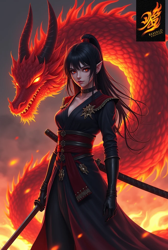 A dragon girl, she has black very long hair, red and orange eyes. Looked like mavukia from Genshin impact. Has black clothing. Japanese’s clothing that’s all black. Very night eyes, glowing eyes. Lots of silver jewelry, so much jewelry. Belly cabin, bracket, necklace, earings, hip jewelry, head jewelry, cabin crown. Elf ears, dragon girl, fire. Black hair, dark black and red hair. Black and red tattoos that glow.