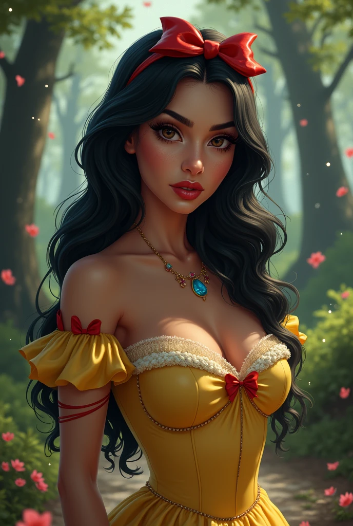 ((1 girl)), masterpiece, extra large breasts, huge tits, naked masturbating hairless vagina, masterpiece, NSFW, hot, Erotic, naked, totally naked, pornography,, (high quality, better rendering), (beautiful girl, snow White), (bomb, pin-up style), hot, this flow, perfect body, Araffed snow White con un vestido amarillo con un lazo rojo, sexy snow White, portrait of snow White, pale snow White skin, 4k high definition. snow White hair, Disney princess, beautiful female princess, anime princess, high definition artwork, official art, disney cartoons, Beautiful Princess, forest background, long and thin legs, big breasts, pose sexy, vibrant colors