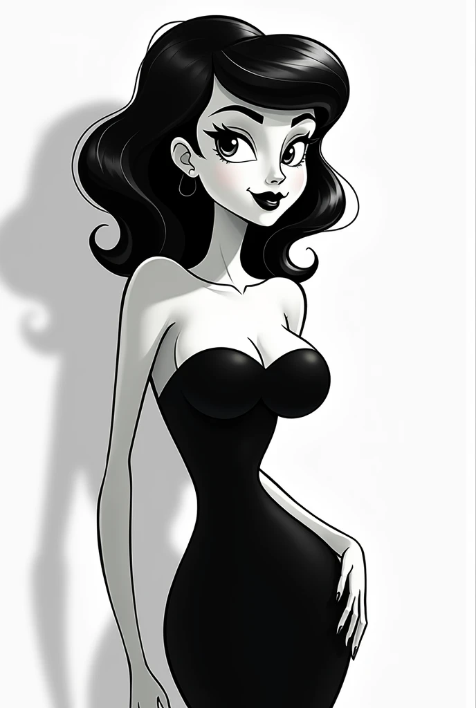 (masterpiece,  best quality:1.4),  top quality,  8k resolution,  sdrhstyl3,  wide-eyed,  pie eyes,  black hair,  long hair,  finely detailed facem detailed eyes,  clean,  lipstick,  eyelashes,  cleavage,  smile,  standing,  hand on own hip,  looking at viewer,  dress,  fidhnet stockings,  heels,  best shadow,  simple background,  white background, sdrhstyl3,<lora:EMS-223265-EMS:0.800000>