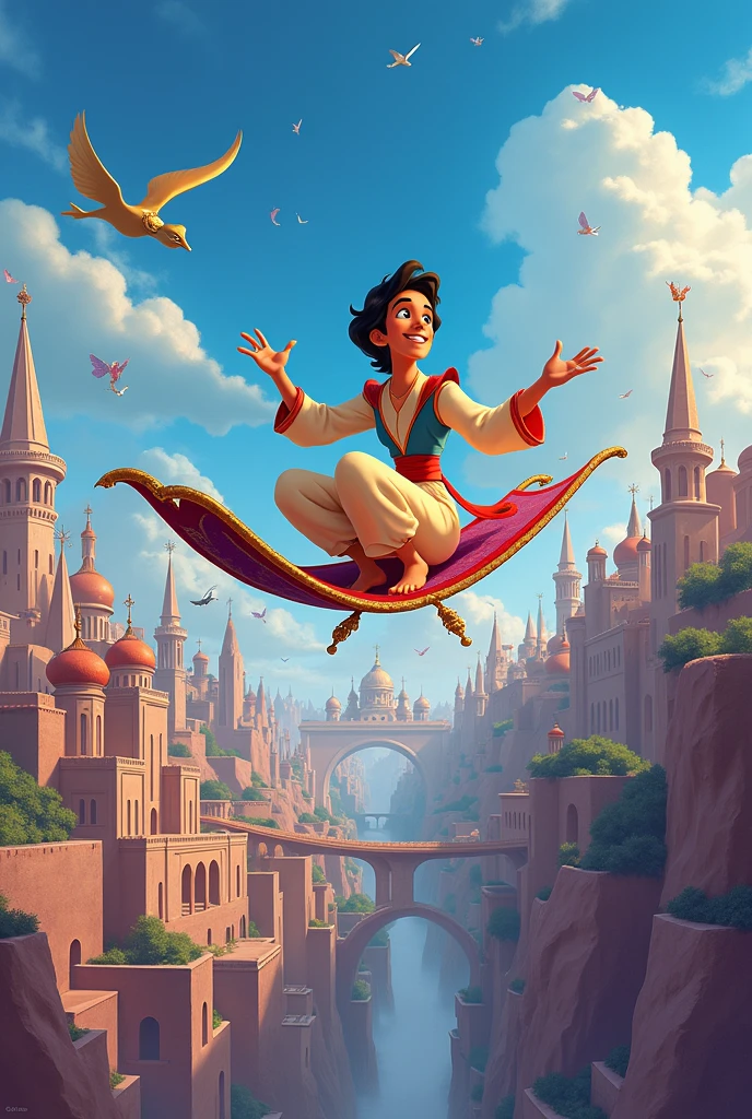 
### **Prompt:**

"Create a hyper-realistic and detailed artwork of Aladdin flying on a magic carpet over a bustling, ancient Middle Eastern city at sunset. The carpet is richly embroidered with intricate gold and sapphire patterns, shimmering in the warm glow of the setting sun. Aladdin, a young man with a determined expression, is wearing a traditional, flowing white and purple outfit with a matching turban. His eyes are wide with excitement as he soars through the air. Below him, the city is alive with activity, with narrow streets, crowded bazaars, and tall, minaret-topped buildings. The sky is painted with hues of orange, pink, and purple, dotted with the first stars of the evening. Wisps of clouds add to the sense of speed and motion. The light from the lanterns below flickers, casting soft, ambient glows that contrast with the fading daylight. In the background, a large, majestic palace with domes and towers is visible, standing out against the horizon."

### **100 Keywords:**

1. Aladdin
2. Magic carpet
3. Flying
4. Middle Eastern city
5. Sunset
6. Hyper-realistic
7. Hyper-detailed
8. Embroidered
9. Gold patterns
10. Sapphire patterns
11. Rich colors
12. Warm glow
13. Traditional outfit
14. White and purple attire
15. Turban
16. Excitement
17. Soaring
18. Bustling streets
19. Ancient city
20. Narrow streets
21. Crowded bazaar
22. Minaret buildings
23. Sky
24. Orange hues
25. Pink hues
26. Purple hues
27. Evening stars
28. Clouds
29. Speed
30. Motion
31. Lanterns
32. Ambient light
33. Contrast
34. Fading daylight
35. Majestic palace
36. Domes
37. Towers
38. Horizon
39. Flickering light
40. Magic
41. Wonder
42. Adventure
43. Storybook
44. Fantasy
45. Flying pose
46. Expressions
47. Glowing lanterns
48. Cityscape
49. Vibrant
50. Exotic
51. Arabian Nights
52. Ancient architecture
53. Textured buildings
54. Colorful market
55. Roofs
56. Balconies
57. Turret
58. Silhouette
59. Dreamlike
60. Magical realism
61. Cinematic
62. Lively
63. Ornate
??. Opulence
65. Gold 
