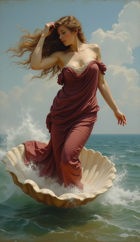 (Highest image quality, realistic depiction),(Body slippery with lotion,sweaty body),a choker,fullnude,(Beautiful nude woman imitating the birth of Venus.),Colossal tits,((best character depiction,beautiful nude body))