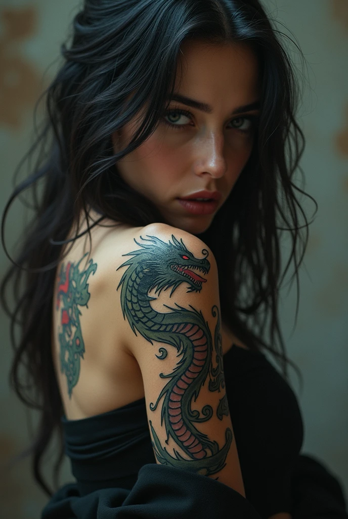 depicting a girl with a dragon tattoo on her back. backless outfit. Amazing dragon tattoo. ultra-realistic, HD, hight resolution, 4k, 8K, photografic, Full photo, full image, Sharp, Detailed.