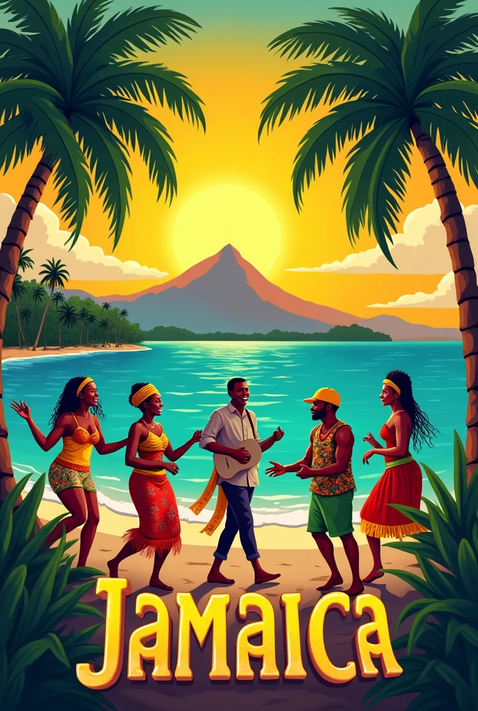 「Imagine a Caribbean sunset under palm trees., With a reggae band playing. Two men and women dancing to music,Brightly dressed Rastafarian style. Depict the ocean breeze blowing through, Create a fun atmosphere.