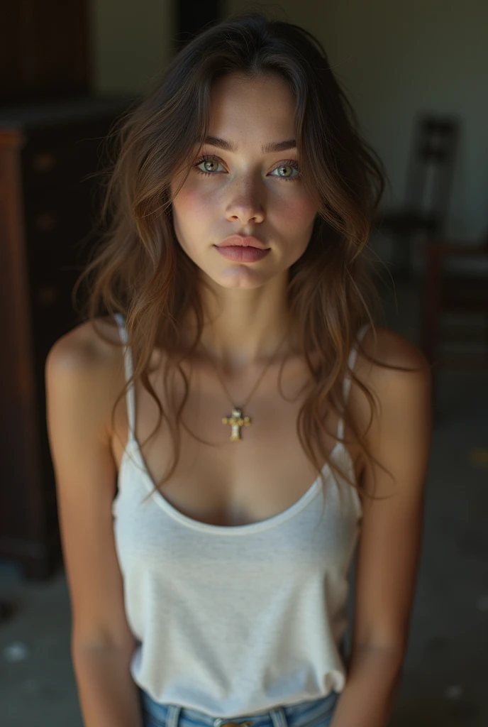 (masterpiece, photorealistic:1.4, extremely intricate:1.3, radiosity, photon mapping, dtx, 8K), ((((closeup necklace, white t-shirt, humid, [small breasts:small breasts:0.8])), humid, [skin detail:freckles:0.7], natural, 25 year brunette, brown eyes, supermodel), dark room, ((stone shower, glass shower, clean)))
