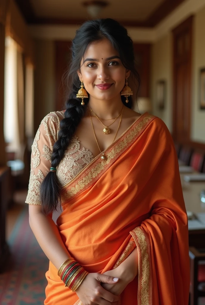(medium full shot) of (lovely indian princess) young woman, black hair, straight hair, brown eyes, slender, wearing Silk saree with intricate kalamkari print, embellished with zardozi work, draped in Bengali style, accessorized with a clay pote, jhumka earrings, and shell bangles, regal kamarbandh with intricate enamel work, smiling at the viewer, set in public Toilet, Functional, no-frills space with vinyl flooring, partitioned stalls with stainless steel doors, large industrial-grade hand dryers, wall-mounted soap dispensers, central waste bin , ,Masterpiece,best quality, photorealistic, amazing quality, very aesthetic, extremely detailed face,