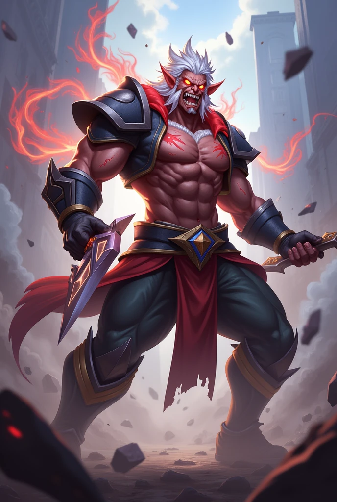 (Character: an old-aged male yokai with red skin) (View: portrait) (HAIR: white color, long single braid) (FACE: japanese male face structure, red eyes, glowing red eyes pupils, red skin, white beard, white eyebrows, sinister facial expression, red glowing horns on his forehead) (SKIN COLOR: red glowing horns pointing upward from his forehead) (BODY: muscular neck, muscular shoulders, juggernaut type body, pointy ears, Gold hoop earrings, massively muscular, extremely strong physique, bulging veins) (OUTFIT: leather belt straps on both biceps, Black Japanese color sleeveless distressed samurai armor, black metal samurai forearm guards, extremely thick brown rope belt around waist, black Kegutsu samurai shoes ) (IMAGE QUALITY: Sharpe image quality, 4k resolution, realistic image, detailed, realistically detailed facial features, enhance image quality) (LIGHTING:, DIFFUSED LIGHTING, dark lighting, dynamic lighting, cinematic pose) (BACKGROUND: red sky, nighttime, dark underworld, darkness underworld, monster army in the background)