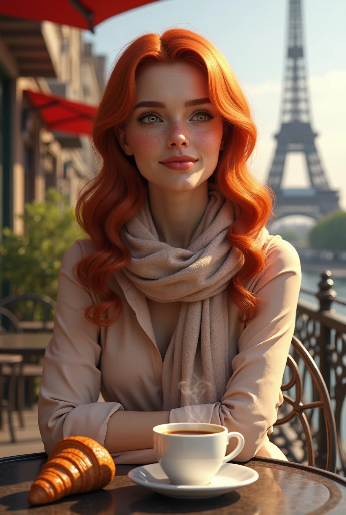 Une femme rousse, au charme indéniable, est assise à la terrasse d’un café parisien pittoresque. Ses cheveux flamboyants, légèrement ondulés, captent la lumière douce du matin, créant un contraste saisissant avec l’élégance des rues pavées de Paris. Elle porte une robe élégante verte, ajoutant une touche chic et intemporelle à son style. Devant elle, une tasse de café fumant repose sur une table en fer forgé. Elle la tient entre ses mains, savourant la chaleur qui s’en dégage. Ses yeux contemplent tranquillement le paysage parisien, peut-être la Seine, une rue animée, ou la Tour Eiffel en arrière-plan, reflétant une expression de sérénité et de contentement. Ses lèvres esquissent un léger sourire, comme si elle savourait ce moment simple et parfait. Autour d'elle, l'ambiance est typiquement parisienne : des passants élégants, des bâtiments haussmanniens aux balcons fleuris, et le doux murmure de la ville qui se réveille. Le ciel est clair ou légèrement nuageux, et l’air est frais, ajoutant à la scène une sensation de calme et de confort.