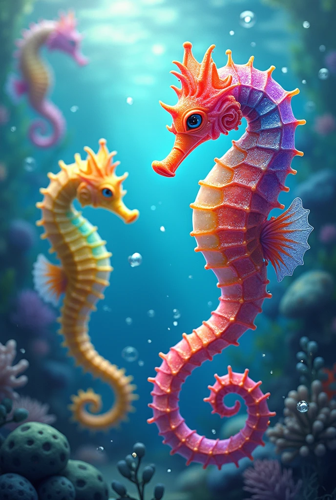 pixar style of couple seahorse, tinny cute, ((( luminous))), in the ocean, , bubbles, smile, high detailed, photorealistic, 8k