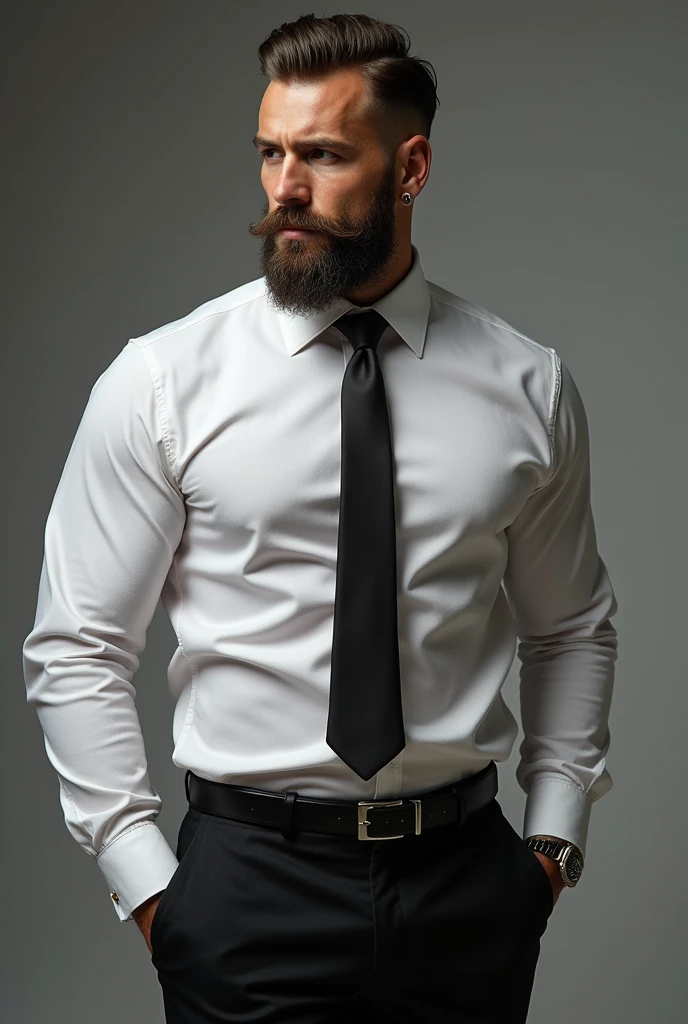 Homme au cheveux mi long (menton),???? yeux rose ,barbe en pointe, chemise ouverte kaki avec tee-shirt blanc et des gants noirs