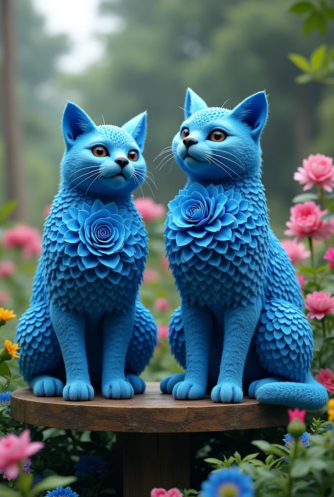 a fuji photo of a porcelain barbie doll covered in traditonal blue and white Chinese porcelain tattoos on the left a cat with covered in traditonal blue and white Chinese porcelain tattoos