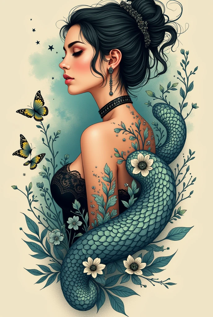 photorealistic, masterpiece, top quality, best quality, official art, highest details, beautiful and aesthetic, 1girl, (fractal art:1.3), colorful, <lora:kwFemale_Beta40-SDXL_v1:1>, chinese, cobra and tortoise entangle, lake, mountain, cleavage, stomach tattoo, nipple piercing, waifu