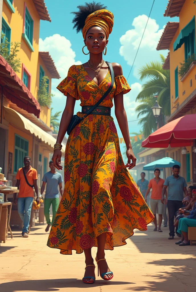 Generate an image of an African modern black woman curvy in an African wear in a village setting