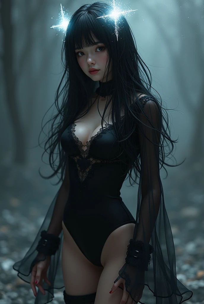 A Gothic fairy in a dark and sinister forest, estilo filme de terror, Sombras em destaque, terror, suspense, fotografia realista ultra detalhada, peitos grandes e pesados, cintura fina, pernas grossas, roupa rasgada, long messy black hair, noite neblina