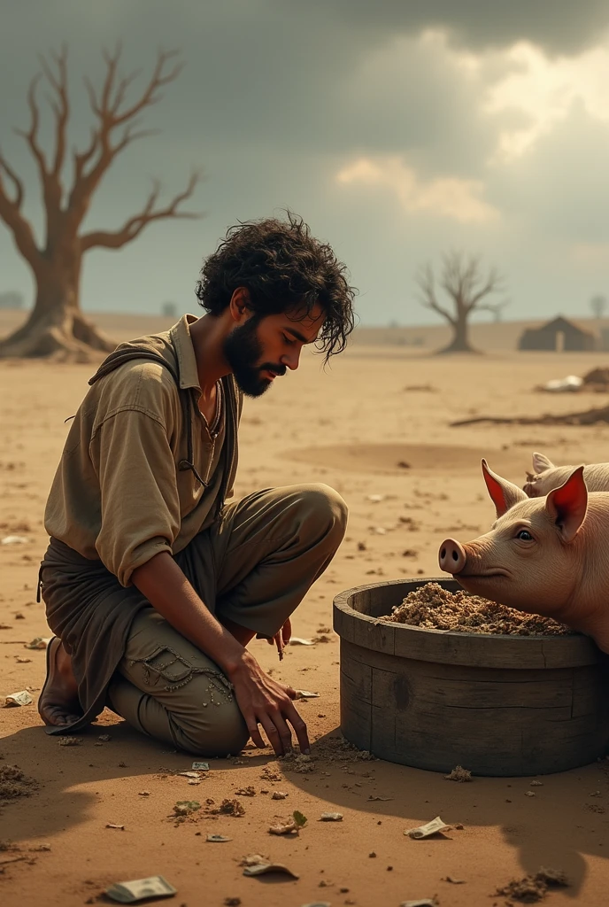 Draw the father&#39;s son, how he sits alone in the dirt among pigs in ancient times